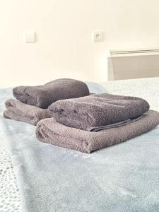 uma pilha de toalhas sentadas em cima de uma cama em Studio Green Velvet em Laon