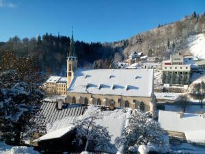 a church with a snow covered roof in a town at Apartman Albreit 2 in Jáchymov