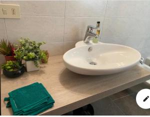 baño con lavabo blanco y algunas plantas en Suite Lago blu en Gravedona