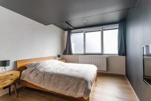 1 dormitorio con 1 cama y 2 ventanas en Les Figuiers - Appartement 2 Chambres avec Sauna à Andenne, en Andenne