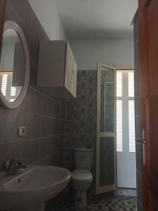 ein Badezimmer mit einem WC, einem Waschbecken und einem Spiegel in der Unterkunft appartamenti Oueslati in Houmt Souk