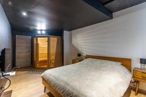 1 dormitorio con 1 cama y TV en una habitación en Les Figuiers - Appartement 2 Chambres avec Sauna à Andenne, en Andenne