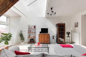 a living room with a couch and a table at Lenka's cozy Red studio + Lenka's cozy Gold apartment in Prague