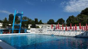 una piscina con un montón de sombrillas y sillas rojas en André en Sofía