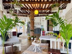 un salon avec des plantes en pot et une table dans l'établissement Casa Hera, à Diani Beach