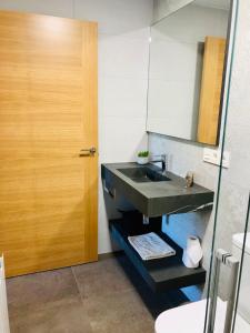 a bathroom with a sink and a wooden door at Apartamentos Zabalarena Basoa in Orbaiceta