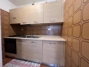 una cucina con armadi in legno, lavandino e muro di mattoni di Bilocale I Fiori 071 a Pinzolo