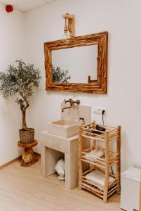 La salle de bains est pourvue d'un lavabo et d'un miroir mural. dans l'établissement Chambre Riposo, à Tubize