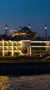 伊斯坦堡的住宿－伊斯坦布爾卡利恩酒店，夜间水边的白色大建筑