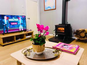 a living room with a fireplace and a table with flowers at Twin Room -2single beds in share house in Queanbeyan & Canberra in Queanbeyan