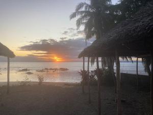 een zonsondergang op een strand met palmbomen en de oceaan bij Hotel et Restaurant Chez Tasmine 