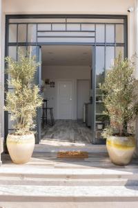 two potted trees in large pots in front of a door at Fara's House in Naples