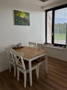 a wooden table and chairs in a room with a window at Apartmán Plešivec ALL4FUN u sjezdovky in Abertamy