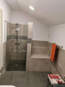 a bathroom with a shower with a glass door at Cosy house with a big garden in the countryside in Gołaszewo