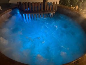 a wooden chair sitting in a pool of blue water at Vila Lorena in Stejaru