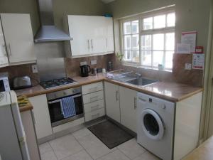 een keuken met een wastafel en een wasmachine bij Cathedral Cottage in Derry Londonderry