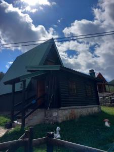 Šavnik的住宿－Odmor，田野上带绿色屋顶的木屋