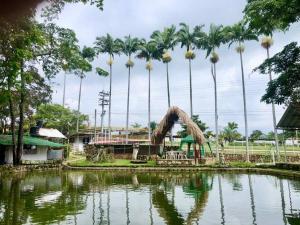 een waterpark met een glijbaan en palmbomen bij Casa de campo Cutucumay in Chinauta