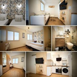 a collage of four pictures of a hotel room at Cosy Aulnay-Paris Nord -Expo Villepinte-Stade de France in Aulnay-sous-Bois