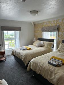 Llangristiolus的住宿－Holland arms hotel，一间卧室设有两张床和两个窗户。