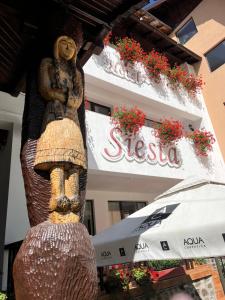 a statue of a woman sitting on the side of a building at Hotel-Restaurant Siesta Balea in Cumpăna