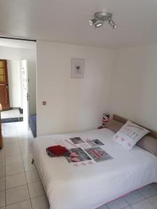 a bedroom with a white bed with a white wall at Le Petit Chalet -Appartement proche de la vieille ville , du centre ville et du Tram in Le Mans