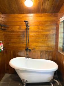 a bath tub in a bathroom with wooden walls at 薔薇谷 民宿字108號 in Fuxing
