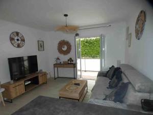 ein Wohnzimmer mit Sofa und Fernseher in der Unterkunft Studio avec jardin proche plage Six Fours/Sanary in Six-Fours-les-Plages