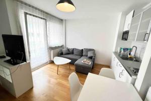 pequeña sala de estar con sofá y cocina en Kölner Apartment direkt am Zentrum, en Colonia