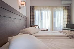 um quarto de hotel com duas camas e uma janela em Hotel Cascada BAILE OLANESTI em Băile Olăneşti