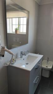y baño con lavabo, espejo y aseo. en Elodie's Country House - Alojamento Local en Grândola