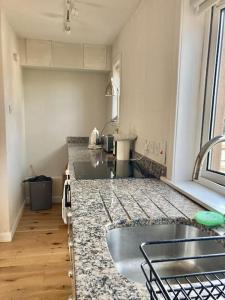 a kitchen with a sink and a counter top at Sunny apartment by the river in Kelso