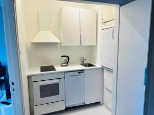 a small kitchen with white cabinets and a sink at Eteläinen Hesperiankatu in Helsinki