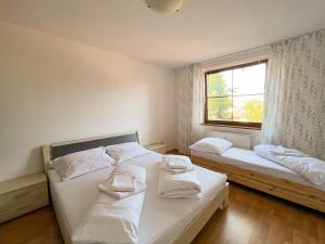 een slaapkamer met 2 bedden en een raam bij Slnečný 2-izbový apartmán Pod lesom, Dolný Smokovec in Vysoké Tatry