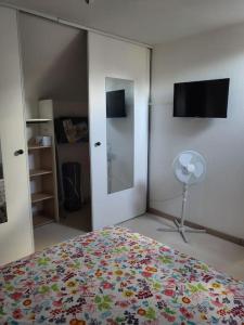 a bedroom with a bed and a fan and a mirror at Du bon temps in Bôo-Silhen +5 photos