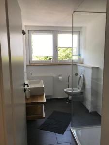バート・ヴェーリスホーフェンにあるFühl dich wie daheimのバスルーム(洗面台、トイレ付)、窓が備わります。
