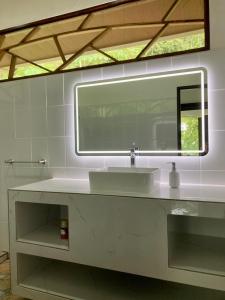a bathroom with a white sink and a mirror at Eden Corcovado in San Pedrillo
