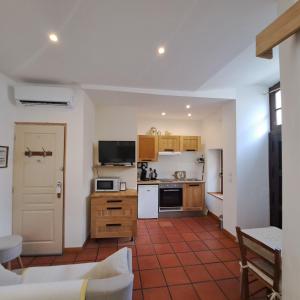 a living room with a kitchen and a couch at La Maison du Canal - Canal Studio in Homps