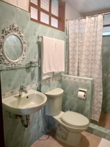 bagno con servizi igienici, lavandino e specchio di Greenviews Resort & Restaurant Port Barton a San Vicente