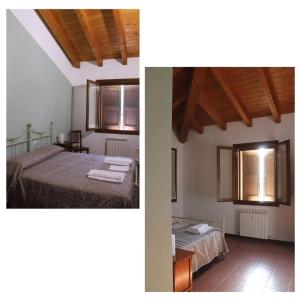 two pictures of a bedroom with two beds and a window at La Rizza in Bentivoglio