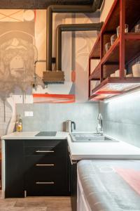 uma cozinha com um lavatório e uma bancada em Graffiti Apartments em Breslávia