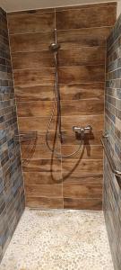 a shower stall with a wooden door in a bathroom at La Reine-des-prés in Vernamiège