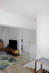 a living room with a tv and a glass wall at Perpignan Centre : Superbe appartement en Roof-top in Perpignan