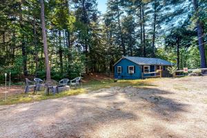 a blue cabin in the middle of a forest at White Mountain Grove in Conway