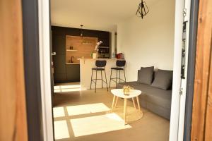 a living room and kitchen with a couch and a table at La Villa d’Emma in Mougins