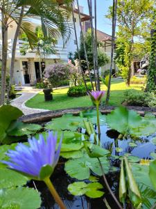 a pond with a purple flower and lily pads at Hotel Grand Kumala Bali in Legian