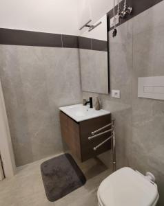 La salle de bains est pourvue de toilettes blanches et d'un lavabo. dans l'établissement Il Cardinale, à Reggio de Calabre