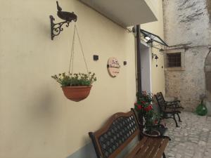 RoccamandolfiにあるB&B Vivilmateseのパティオ(ベンチ付)、壁に花鍋