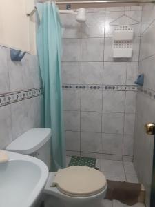 ein Bad mit einem WC und einer Dusche in der Unterkunft Hospedaje Alfredo in Lima