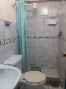 ein Bad mit einem WC, einem Waschbecken und einer Dusche in der Unterkunft Hospedaje Alfredo in Lima